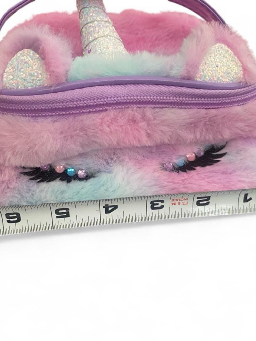 Claire's Pastel Rainbow Unicorn Plush Handbag with Glitter Horn - Picture 4 of 4